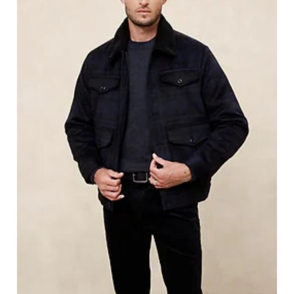 Banana Republic Sherpa Plaid Jacket Mens Size Small Black Blue NWOT Modern